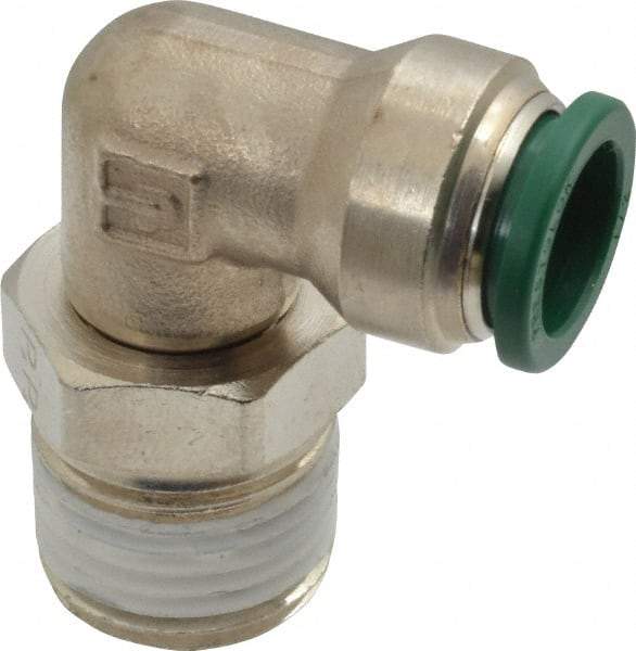 Parker - 1/2" Outside Diam, 1/2 NPTF, Nickel Plated Brass Push-to-Connect Tube Male Swivel Elbow - 300 Max psi, Tube to Male NPT Connection, Buna-N O-Ring - Eagle Tool & Supply