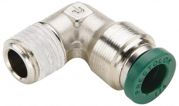 Parker - 5/16" Outside Diam, 1/4 NPTF, Nickel Plated Brass Push-to-Connect Tube Male Elbow - 300 Max psi, Tube to Male NPT Connection, Buna-N O-Ring - Eagle Tool & Supply