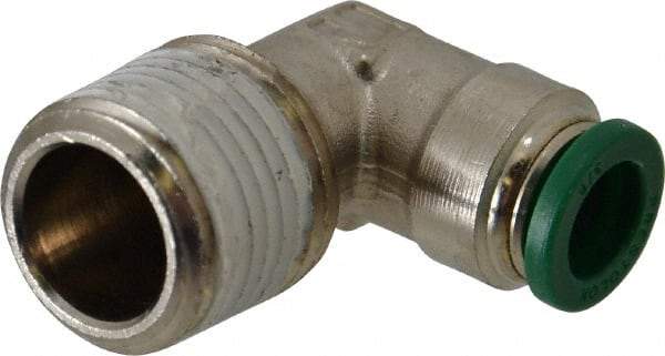 Parker - 3/8" Outside Diam, 1/2 NPTF, Nickel Plated Brass Push-to-Connect Tube Male Elbow - 300 Max psi, Tube to Male NPT Connection, Buna-N O-Ring - Eagle Tool & Supply