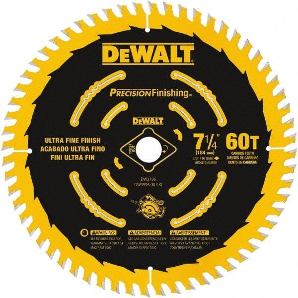 DeWALT - 7-1/4" Diam, 5/8" Arbor Hole Diam, 60 Tooth Wet & Dry Cut Saw Blade - Carbide-Tipped, Diamond Arbor - Eagle Tool & Supply