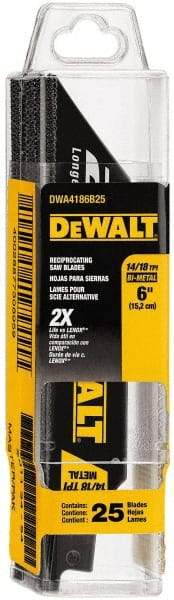 DeWALT - 6" Long x 1" Thick, Bi-Metal Reciprocating Saw Blade - Straight Profile, 14 to 18 TPI, Toothed Edge - Eagle Tool & Supply