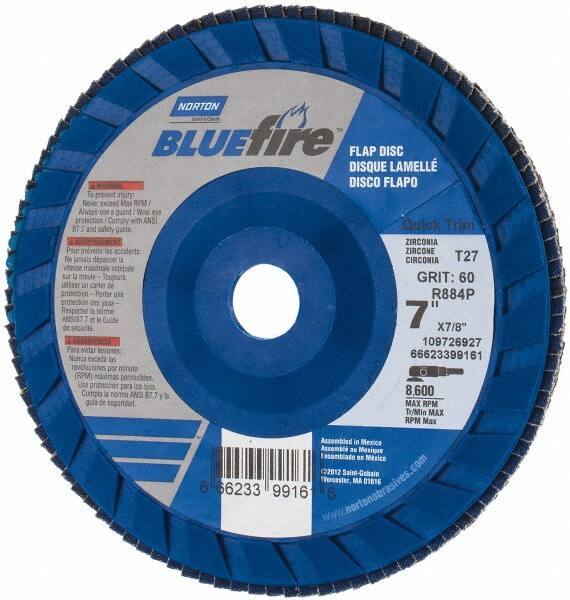 Norton - 60 Grit, 7" Disc Diam, 7/8" Center Hole, Type 27 Zirconia Alumina Flap Disc - 8,600 Max RPM, Fiberglass Backing, Arbor Attaching System, Coated - Eagle Tool & Supply