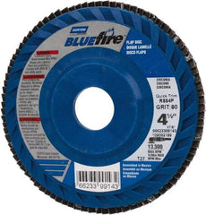 Norton - 80 Grit, 4-1/2" Disc Diam, 7/8" Center Hole, Type 27 Zirconia Alumina Flap Disc - 13,300 Max RPM, Fiberglass Backing, Arbor Attaching System, Coated - Eagle Tool & Supply