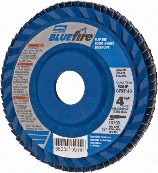 Norton - 40 Grit, 4-1/2" Disc Diam, 7/8" Center Hole, Type 27 Zirconia Alumina Flap Disc - 13,300 Max RPM, Fiberglass Backing, Arbor Attaching System, Coated - Eagle Tool & Supply