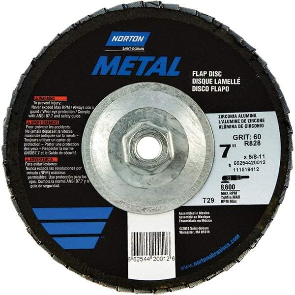 Norton - 60 Grit, 7" Disc Diam, 5/8-11 Center Hole, Type 29 Zirconia Alumina Flap Disc - 8,600 Max RPM, Fiberglass Backing, Arbor Attaching System, Coated - Eagle Tool & Supply