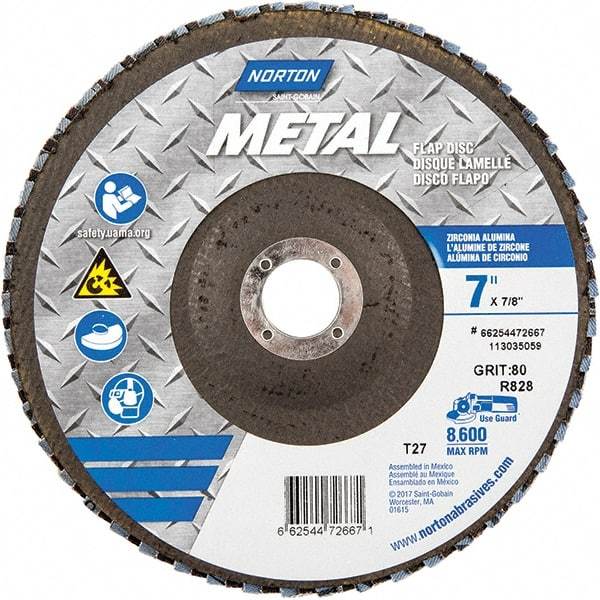 Norton - 80 Grit, 7" Disc Diam, 7/8" Center Hole, Type 27 Zirconia Alumina Flap Disc - 8,600 Max RPM, Fiberglass Backing, Arbor Attaching System, Coated - Eagle Tool & Supply