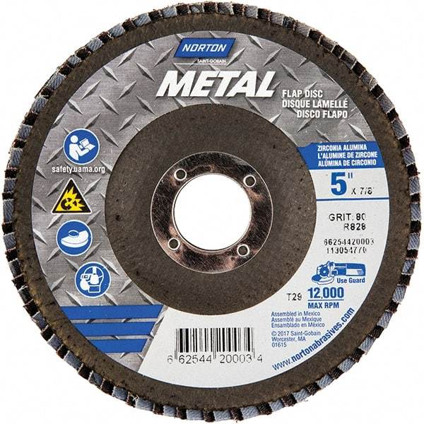 Norton - 80 Grit, 5" Disc Diam, 7/8" Center Hole, Type 29 Zirconia Alumina Flap Disc - 12,000 Max RPM, Fiberglass Backing, Arbor Attaching System, Coated - Eagle Tool & Supply