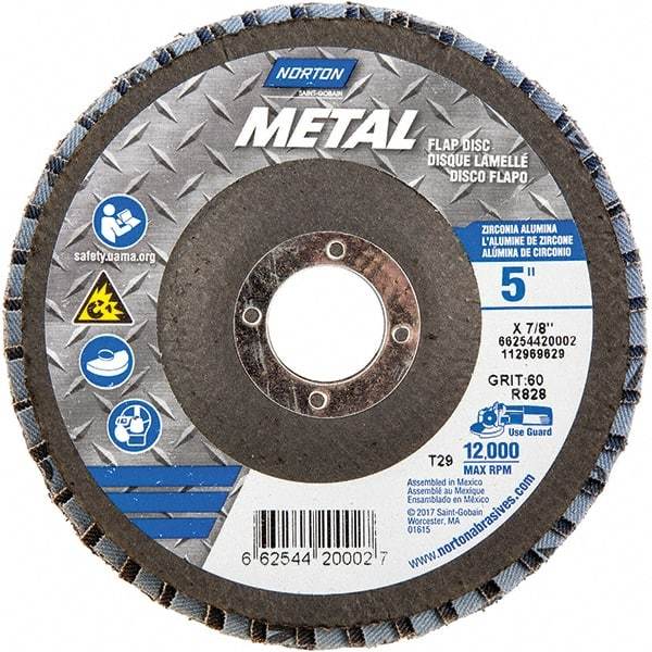 Norton - 60 Grit, 5" Disc Diam, 7/8" Center Hole, Type 29 Zirconia Alumina Flap Disc - 12,000 Max RPM, Fiberglass Backing, Arbor Attaching System, Coated - Eagle Tool & Supply
