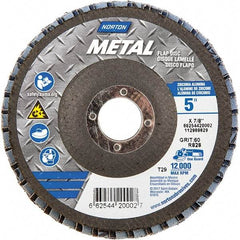 Norton - 60 Grit, 5" Disc Diam, 7/8" Center Hole, Type 29 Zirconia Alumina Flap Disc - 12,000 Max RPM, Fiberglass Backing, Arbor Attaching System, Coated - Eagle Tool & Supply