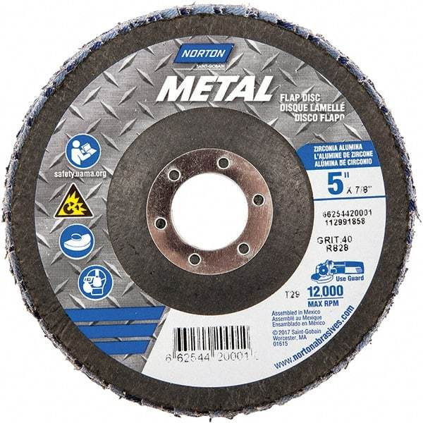 Norton - 40 Grit, 5" Disc Diam, 7/8" Center Hole, Type 29 Zirconia Alumina Flap Disc - 12,000 Max RPM, Fiberglass Backing, Arbor Attaching System, Coated - Eagle Tool & Supply