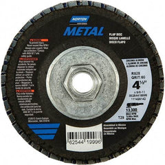 Norton - 80 Grit, 4-1/2" Disc Diam, 5/8-11 Center Hole, Type 29 Zirconia Alumina Flap Disc - 13,300 Max RPM, Fiberglass Backing, Arbor Attaching System, Coated - Eagle Tool & Supply