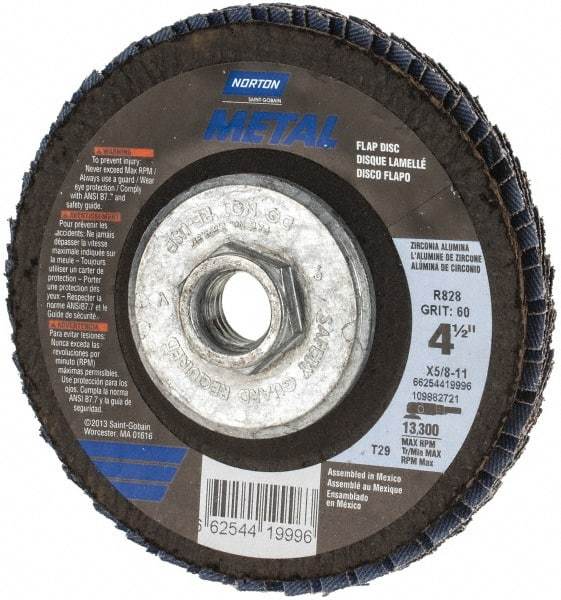 Norton - 60 Grit, 4-1/2" Disc Diam, 5/8-11 Center Hole, Type 29 Zirconia Alumina Flap Disc - 13,300 Max RPM, Fiberglass Backing, Arbor Attaching System, Coated - Eagle Tool & Supply