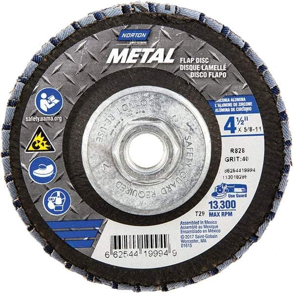 Norton - 40 Grit, 4-1/2" Disc Diam, 5/8-11 Center Hole, Type 29 Zirconia Alumina Flap Disc - 13,300 Max RPM, Fiberglass Backing, Arbor Attaching System, Coated - Eagle Tool & Supply