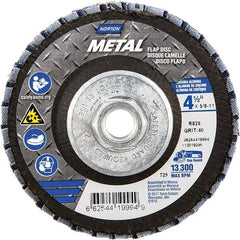 Norton - 40 Grit, 4-1/2" Disc Diam, 5/8-11 Center Hole, Type 29 Zirconia Alumina Flap Disc - 13,300 Max RPM, Fiberglass Backing, Arbor Attaching System, Coated - Eagle Tool & Supply