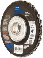 Norton - 36 Grit, 4-1/2" Disc Diam, 5/8-11 Center Hole, Type 29 Zirconia Alumina Flap Disc - 13,300 Max RPM, Fiberglass Backing, Arbor Attaching System, Coated - Eagle Tool & Supply