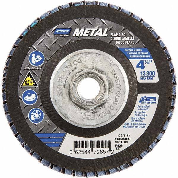 Norton - 80 Grit, 4-1/2" Disc Diam, 5/8-11 Center Hole, Type 27 Zirconia Alumina Flap Disc - 13,300 Max RPM, Fiberglass Backing, Arbor Attaching System, Coated - Eagle Tool & Supply