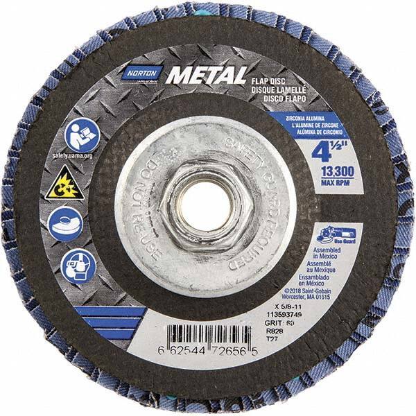 Norton - 60 Grit, 4-1/2" Disc Diam, 5/8-11 Center Hole, Type 27 Zirconia Alumina Flap Disc - 13,300 Max RPM, Fiberglass Backing, Arbor Attaching System, Coated - Eagle Tool & Supply