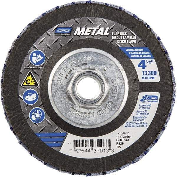 Norton - 40 Grit, 4-1/2" Disc Diam, 5/8-11 Center Hole, Type 27 Zirconia Alumina Flap Disc - 13,300 Max RPM, Fiberglass Backing, Arbor Attaching System, Coated - Eagle Tool & Supply