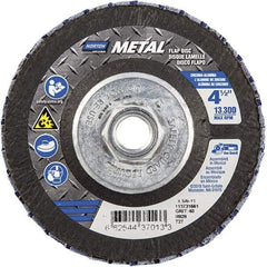 Norton - 40 Grit, 4-1/2" Disc Diam, 5/8-11 Center Hole, Type 27 Zirconia Alumina Flap Disc - 13,300 Max RPM, Fiberglass Backing, Arbor Attaching System, Coated - Eagle Tool & Supply