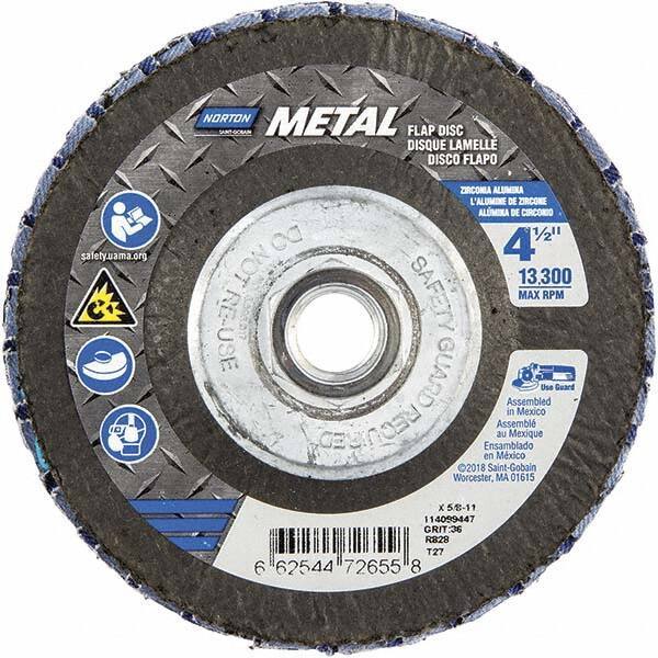 Norton - 36 Grit, 4-1/2" Disc Diam, 5/8-11 Center Hole, Type 27 Zirconia Alumina Flap Disc - 13,300 Max RPM, Fiberglass Backing, Arbor Attaching System, Coated - Eagle Tool & Supply