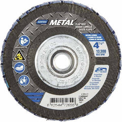 Norton - 36 Grit, 4-1/2" Disc Diam, 5/8-11 Center Hole, Type 27 Zirconia Alumina Flap Disc - 13,300 Max RPM, Fiberglass Backing, Arbor Attaching System, Coated - Eagle Tool & Supply