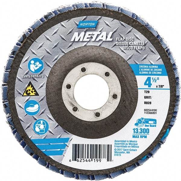 Norton - 80 Grit, 4-1/2" Disc Diam, 7/8" Center Hole, Type 29 Zirconia Alumina Flap Disc - 13,300 Max RPM, Fiberglass Backing, Arbor Attaching System, Coated - Eagle Tool & Supply