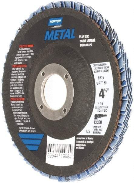 Norton - 60 Grit, 4-1/2" Disc Diam, 7/8" Center Hole, Type 29 Zirconia Alumina Flap Disc - 13,300 Max RPM, Fiberglass Backing, Arbor Attaching System, Coated - Eagle Tool & Supply