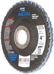 Norton - 60 Grit, 4-1/2" Disc Diam, 7/8" Center Hole, Type 29 Zirconia Alumina Flap Disc - 13,300 Max RPM, Fiberglass Backing, Arbor Attaching System, Coated - Eagle Tool & Supply