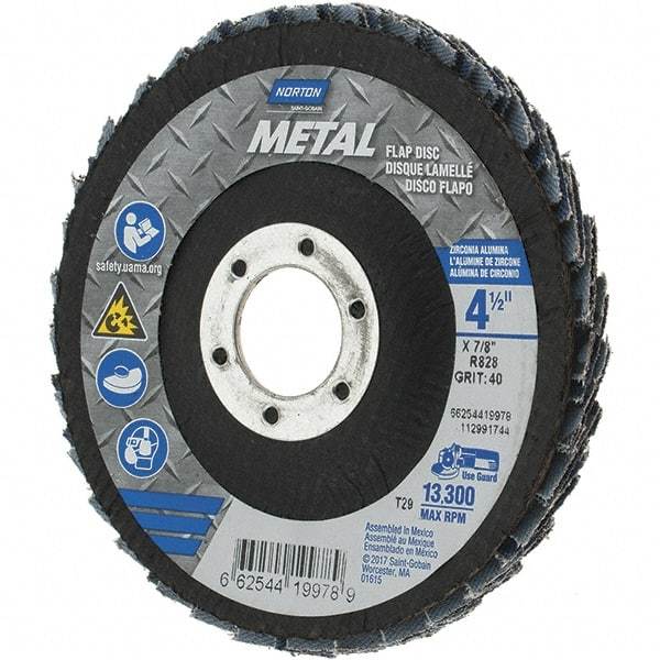 Norton - 40 Grit, 4-1/2" Disc Diam, 7/8" Center Hole, Type 29 Zirconia Alumina Flap Disc - 13,300 Max RPM, Fiberglass Backing, Arbor Attaching System, Coated - Eagle Tool & Supply
