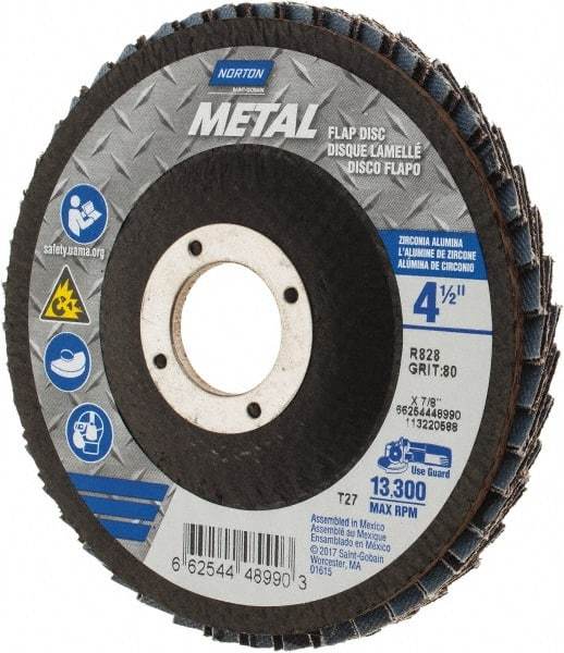 Norton - 80 Grit, 4-1/2" Disc Diam, 7/8" Center Hole, Type 27 Zirconia Alumina Flap Disc - 13,300 Max RPM, Fiberglass Backing, Arbor Attaching System, Coated - Eagle Tool & Supply