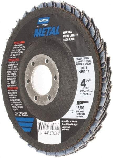 Norton - 40 Grit, 4-1/2" Disc Diam, 7/8" Center Hole, Type 27 Zirconia Alumina Flap Disc - 13,300 Max RPM, Fiberglass Backing, Arbor Attaching System, Coated - Eagle Tool & Supply