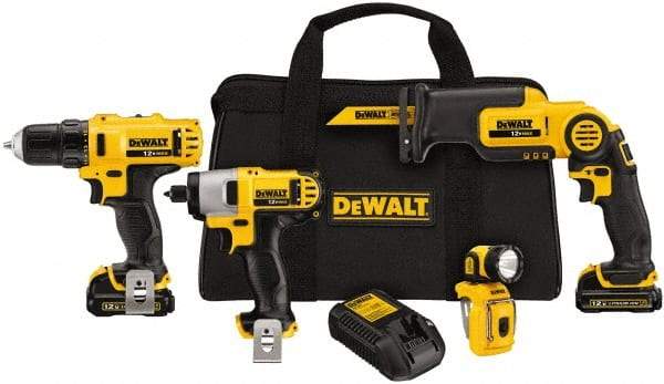 DeWALT - 12 Volt Cordless Tool Combination Kit - Includes 3/8" Drill/Driver, 1/4" Impact Driver, Pivot Reciprocating Saw & LED Worklight, Lithium-Ion Battery Included - Eagle Tool & Supply