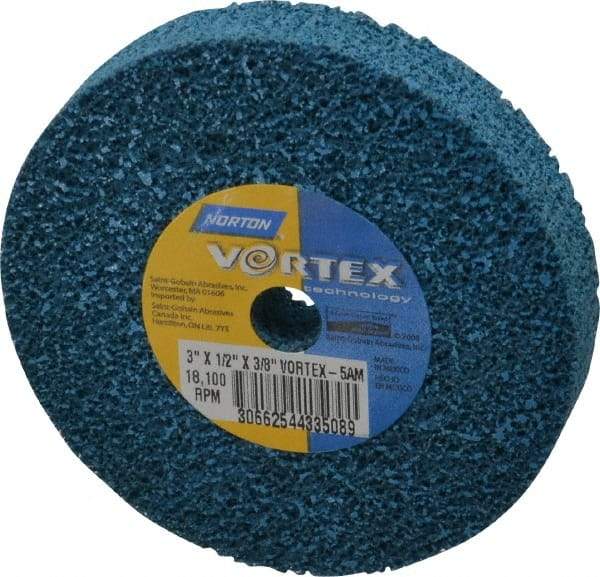 Norton - 3" Diam, 1/2" Face Width, 3/8" Center Hole, Medium Grade, Aluminum Oxide Deburring Wheel - Unitized, Medium Density 5 Grade - Eagle Tool & Supply