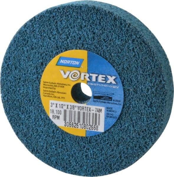 Norton - 3" Diam, 1/2" Face Width, 3/8" Center Hole, Medium Grade, Aluminum Oxide Deburring Wheel - Unitized, Medium Density 7 Grade - Eagle Tool & Supply