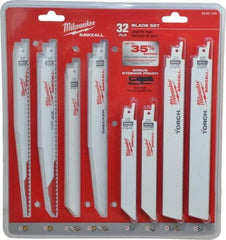 Milwaukee Tool - 32 Piece, 6" to 9" Long x 0.04" to 0.05" Thick, Bi-Metal Reciprocating Saw Blade Set - Straight Profile, 5-8 to 24 Teeth per Inch, Toothed Edge - Eagle Tool & Supply