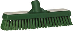 Vikan - 1.7" Bristle Length, Polyester Scrub Brush - 11-1/4" Long x 3" Wide Head, 12" OAL, European Threaded Handle, Green, Polypropylene Block - Eagle Tool & Supply