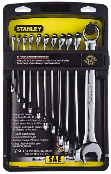 Stanley - 11 Piece, 1/4" to 13/16", 12 Point Combination Wrench Set - Inch Measurement Standard, Full Polish Finish, Comes in Plastic Case - Eagle Tool & Supply