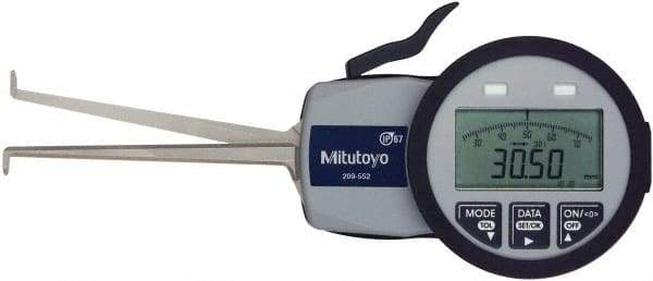 Mitutoyo - 0.0472 Inch Groove Width, 0.2047 Inch Groove Depth, 0.39 to 1.18 Inch, Ball/Ball Inside Electronic Caliper Gage - 0.0005 Inch Resolution, 0.0015 Inch Accuracy, 0.0394 Inch Tip Diameter, 3.3465 Inch Leg Length, Data Output, AA Battery - Eagle Tool & Supply