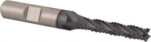Niagara Cutter - 1/4" Diam, Coarse Pitch, 1-1/4" LOC, 4 Flute Cobalt Roughing Square End Mill - TiCN Finish, 3-1/16" OAL, 3/8" Shank Diam, Single End, Centercutting, 30° Helix - Eagle Tool & Supply