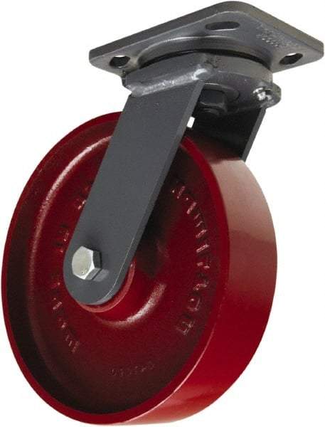 Hamilton - 8" Diam x 2" Wide x 9-1/2" OAH Top Plate Mount Swivel Caster - Cast Iron, 1,500 Lb Capacity, Sealed Precision Ball Bearing, 4 x 5" Plate - Eagle Tool & Supply