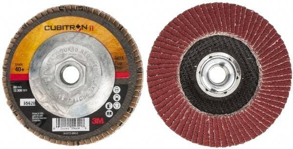 3M - 40 Grit, 4-1/2" Disc Diam, 5/8-11 Center Hole, Type 29 Ceramic Flap Disc - 13,300 Max RPM, Cloth Backing, Arbor Attaching System, Coated - Eagle Tool & Supply