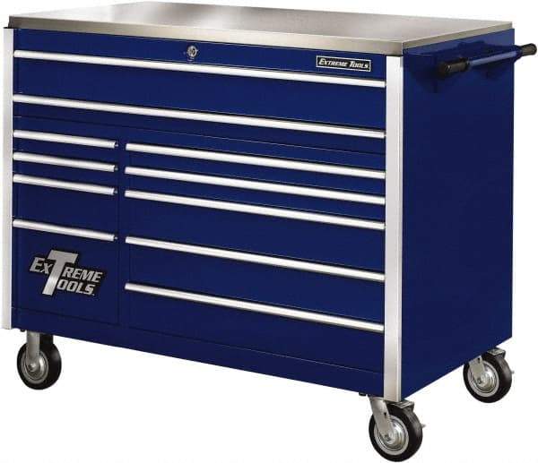 EXTREME TOOLS - 11 Drawer Steel Tool Roller Cabinet - 55" Wide x 46-3/8" High x 30" Deep, Ball Bearing Drawer Slides, Blue - Eagle Tool & Supply