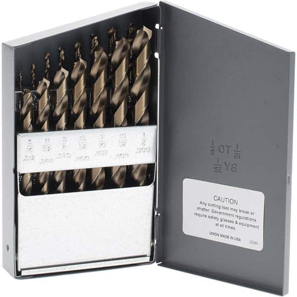 Made in USA - 1/16 to 1/2", 135° Point, Bright Finish, Cobalt Jobber Length Drill Bit Set - Eagle Tool & Supply
