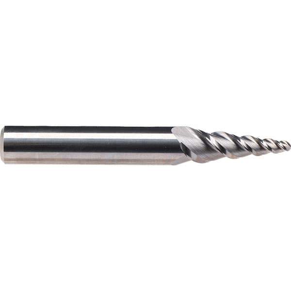 Emuge - 8° Taper Angle per Side, 3.85mm Small End Diam, 15mm LOC, Solid Carbide 3 Flute Tapered Ball End Mill - 62mm OAL, 6mm Shank Diam, Spiral Flute, 45° Helix - Eagle Tool & Supply