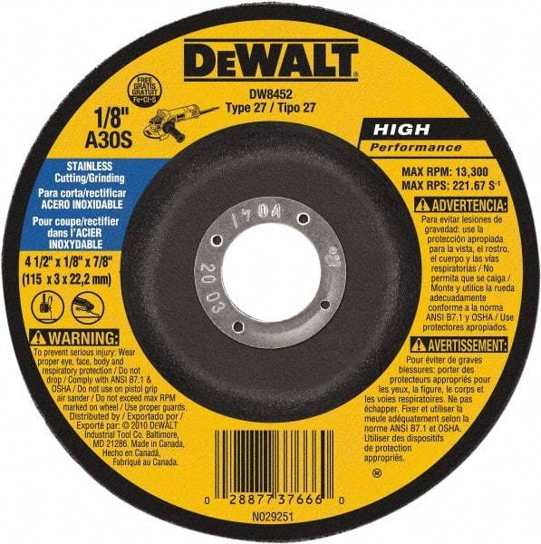 DeWALT - 30 Grit, 4-1/2" Wheel Diam, 1/8" Wheel Thickness, 7/8" Arbor Hole, Type 27 Depressed Center Wheel - Aluminum Oxide, 13,300 Max RPM, Compatible with Angle Grinder - Eagle Tool & Supply