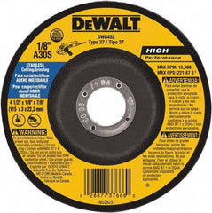 DeWALT - 30 Grit, 4-1/2" Wheel Diam, 1/8" Wheel Thickness, 7/8" Arbor Hole, Type 27 Depressed Center Wheel - Aluminum Oxide, 13,300 Max RPM, Compatible with Angle Grinder - Eagle Tool & Supply