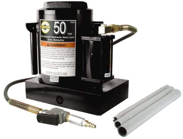 Omega Lift Equipment - 50 Ton Capacity Air-Actuated Bottle Jack - 12" to 19" High, 7" Piston Stroke, 2-1/2" Plunger Diam, 7-3/8" Wide Base - Eagle Tool & Supply
