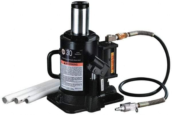 Omega Lift Equipment - 30 Ton Capacity Air-Actuated Bottle Jack - 11" to 18" High, 7" Piston Stroke, 2-1/2" Plunger Diam, 8-1/4" Wide Base - Eagle Tool & Supply
