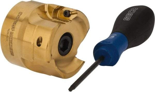 Seco - 2" Cut Diam, 0.295" Max Depth, 3/4" Arbor Hole, 3 Inserts, XPKX12 Insert Style, Indexable Copy Face Mill - R220.97-12 Cutter Style, 30,000 Max RPM, 1.77" High, Through Coolant, Series R220 - Eagle Tool & Supply