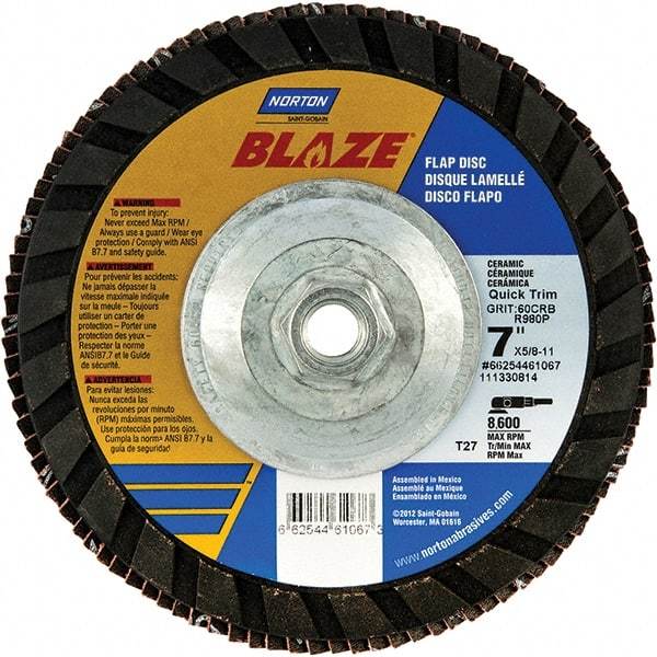 Norton - 120 Grit, 7" Disc Diam, 5/8-11 Center Hole, Type 27 Ceramic Alumina Flap Disc - 8,600 Max RPM, Polyester Backing, Arbor Attaching System, Coated - Eagle Tool & Supply